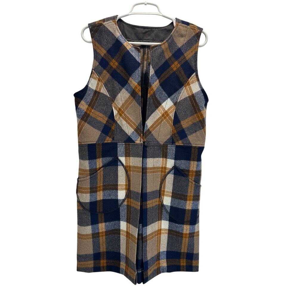 Reworked Vintage FILSON Mackinaw Wool Long Vest Tunic Woman M Navy Yellow Plaid